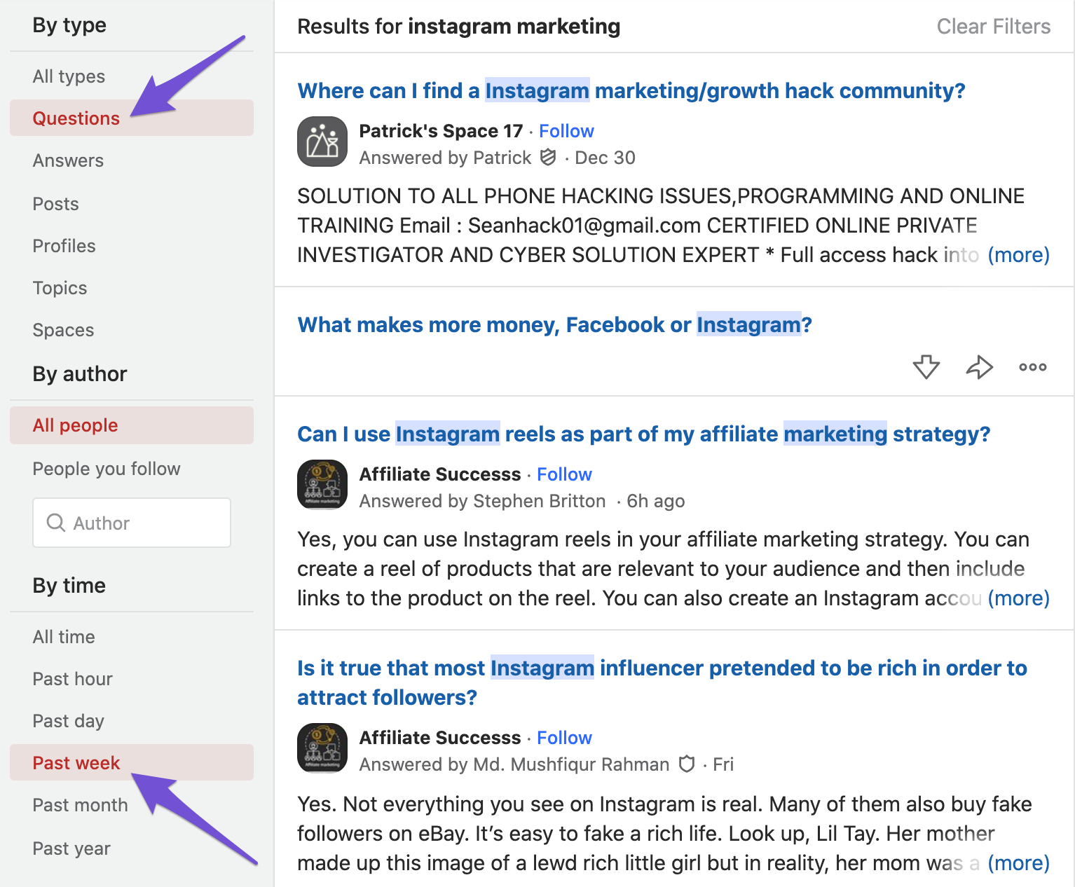 quora search results using filters by question and past week with keyword term instagram marketing