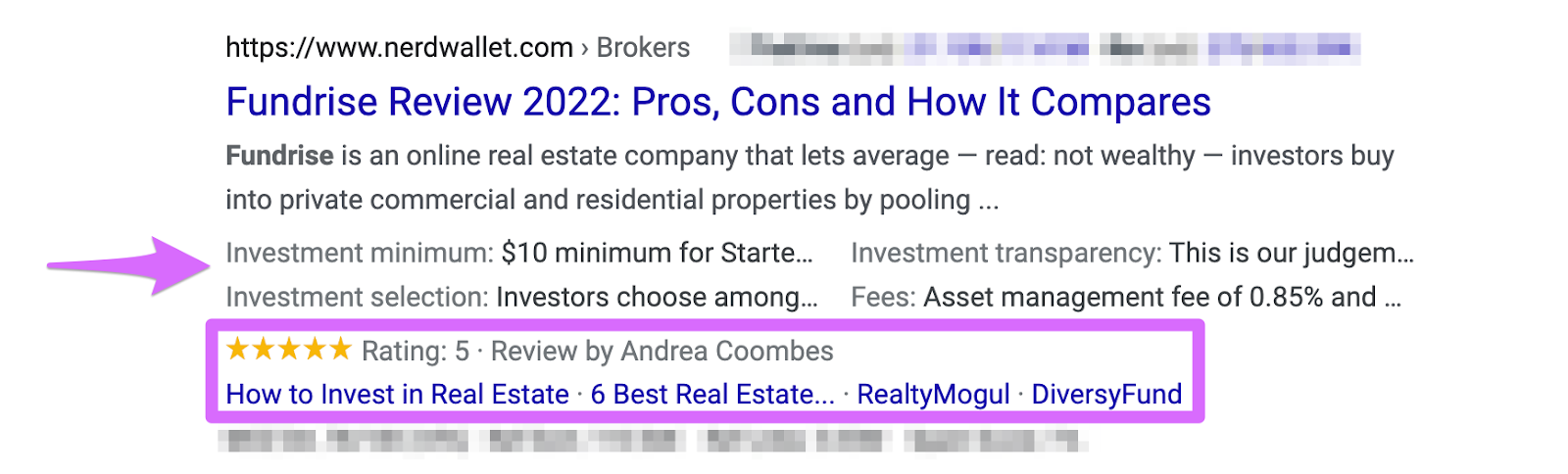 rich snippet examples displayed in serp including star rating , author, and internal links to other articles
