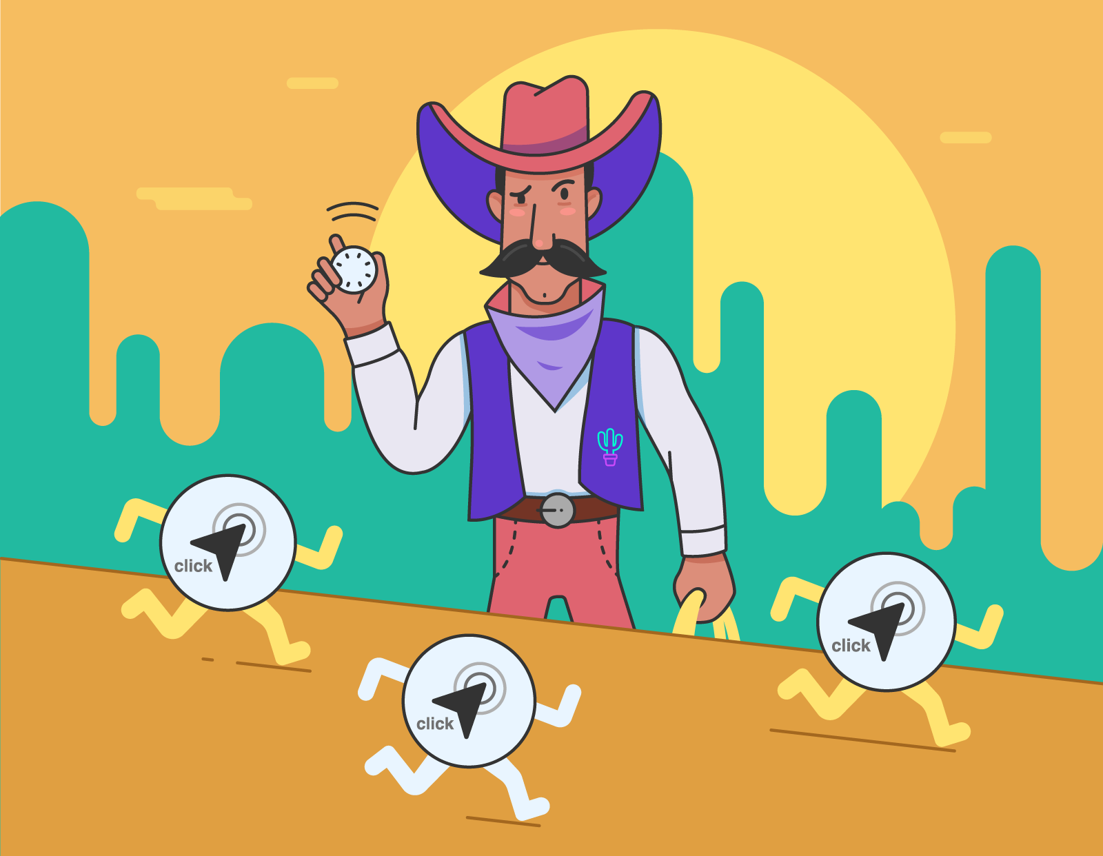 cowboy holding a click tracker tracking running clicks with legs on ground