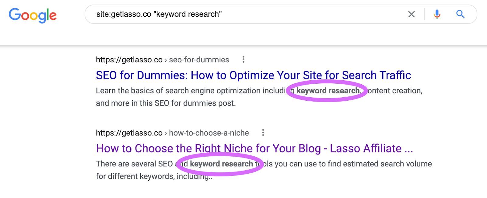 using the site search operator with phrase "keyword research" and seeing examples displayed in the serp