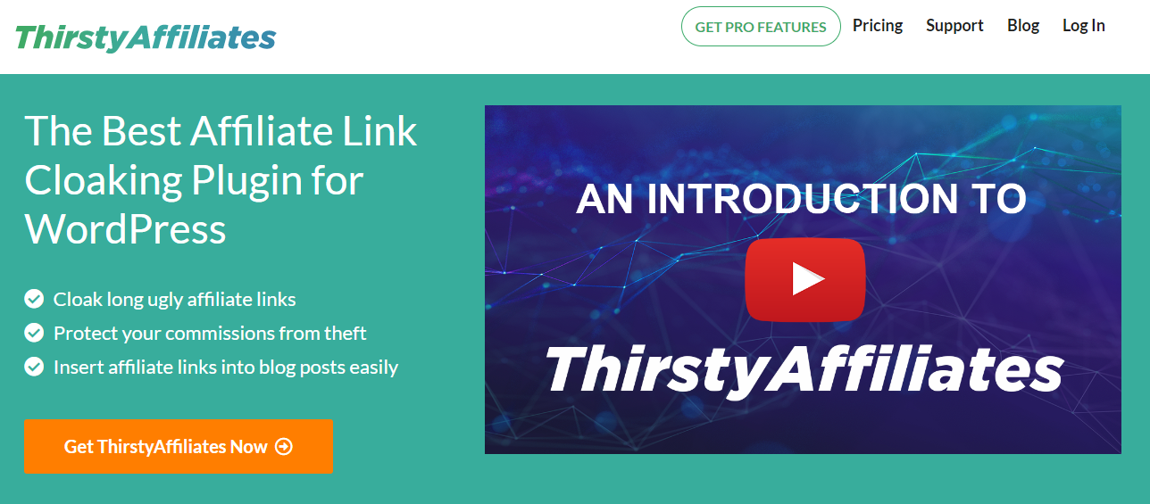 Screenshot of the ThirstyAffiliates WordPress plugin's website home page