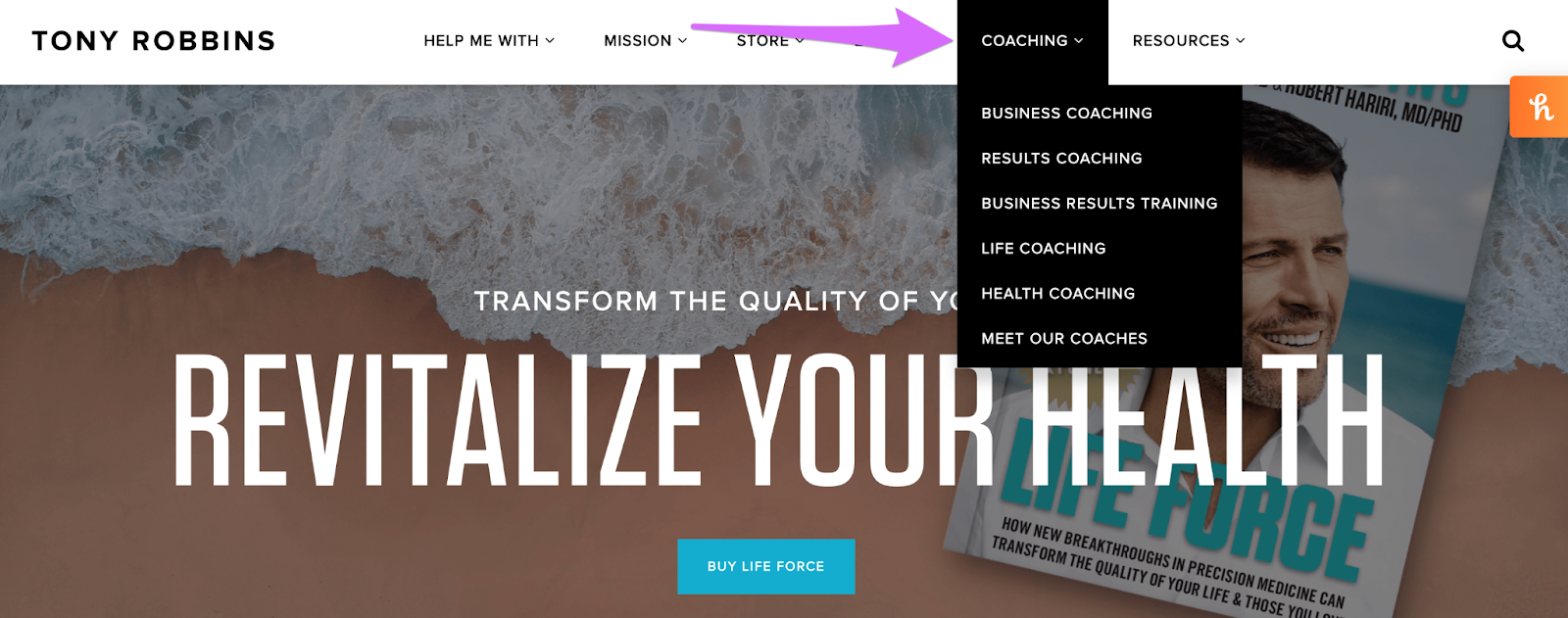 tony robbins website showing his coaching services for how to find affiliate products