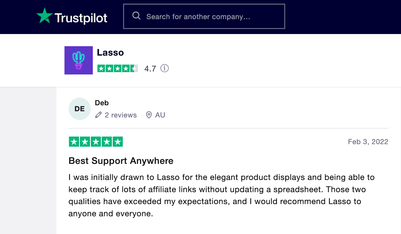 trust pilot lasso review displaying our 4.7 star average