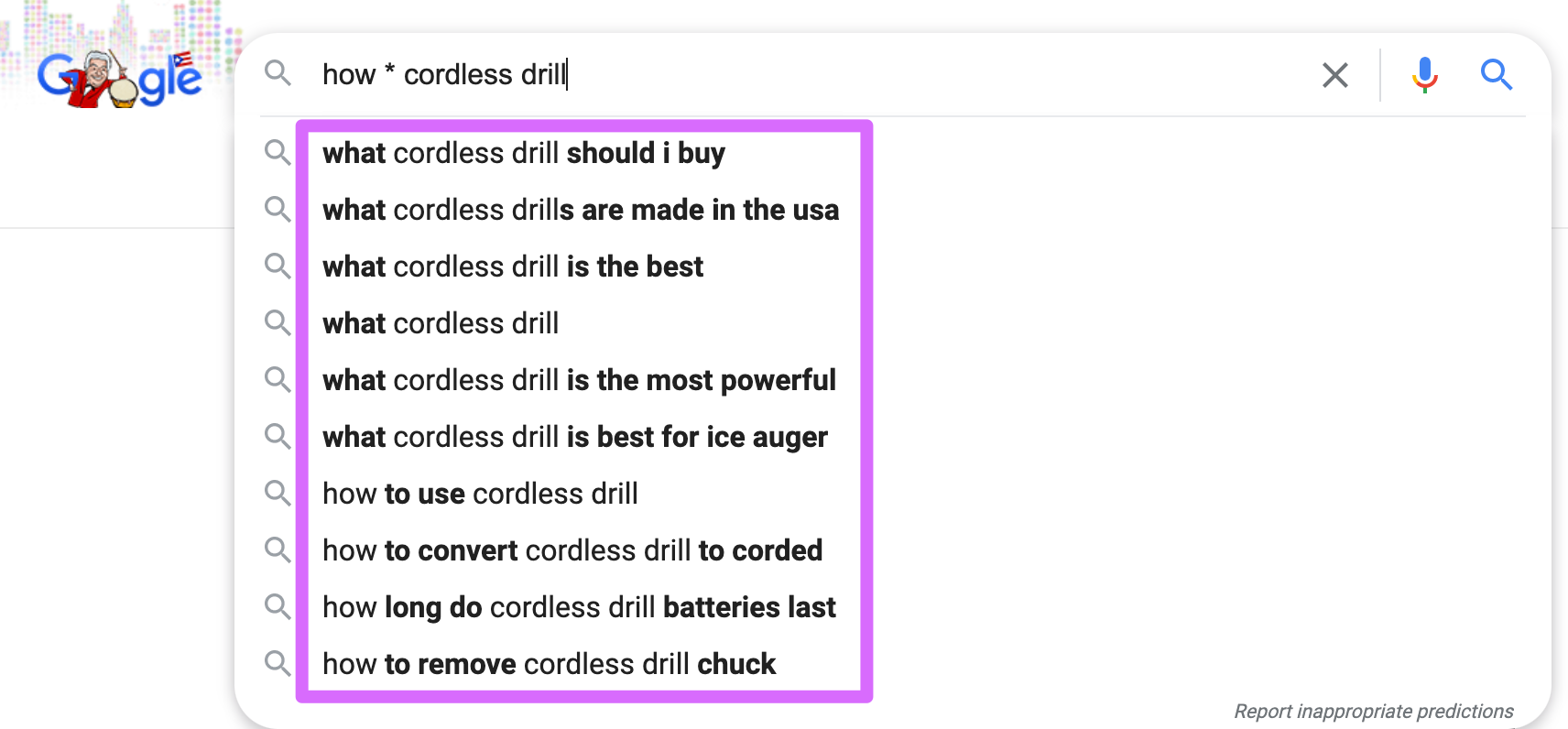 using the wild card asterisk with a how to query for cordless drills
