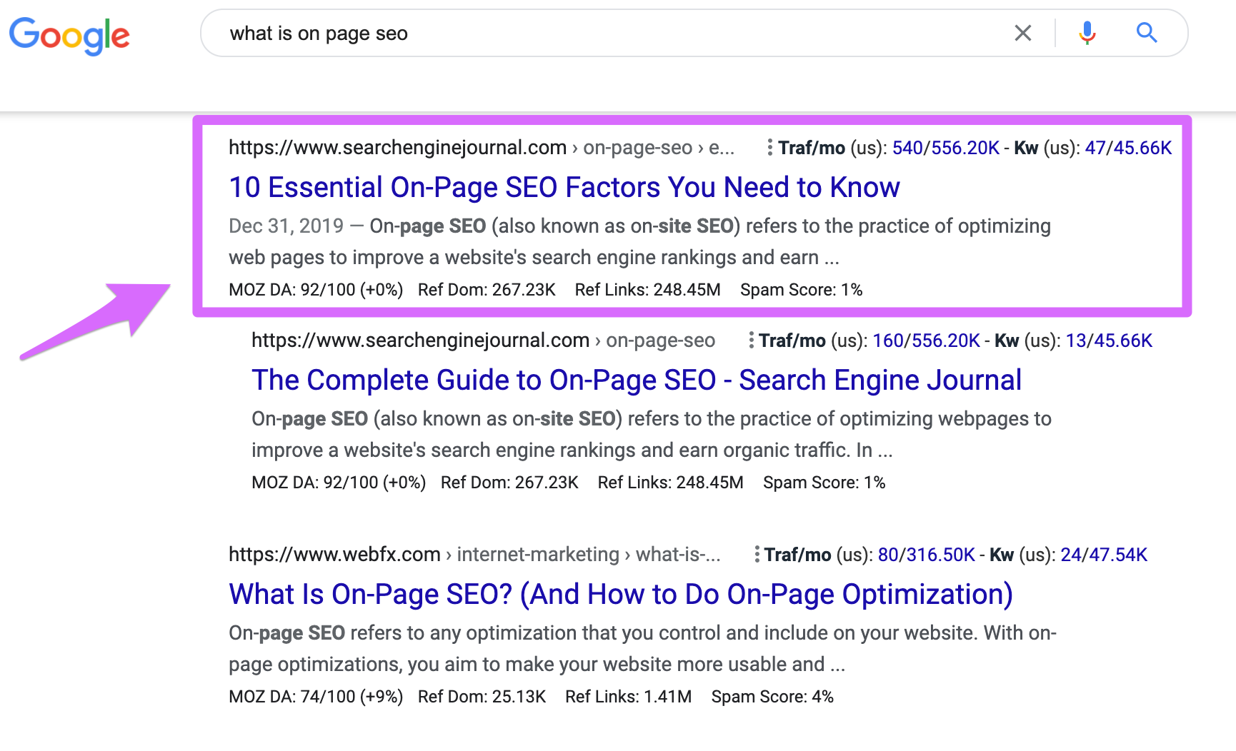 what is on page seo serps