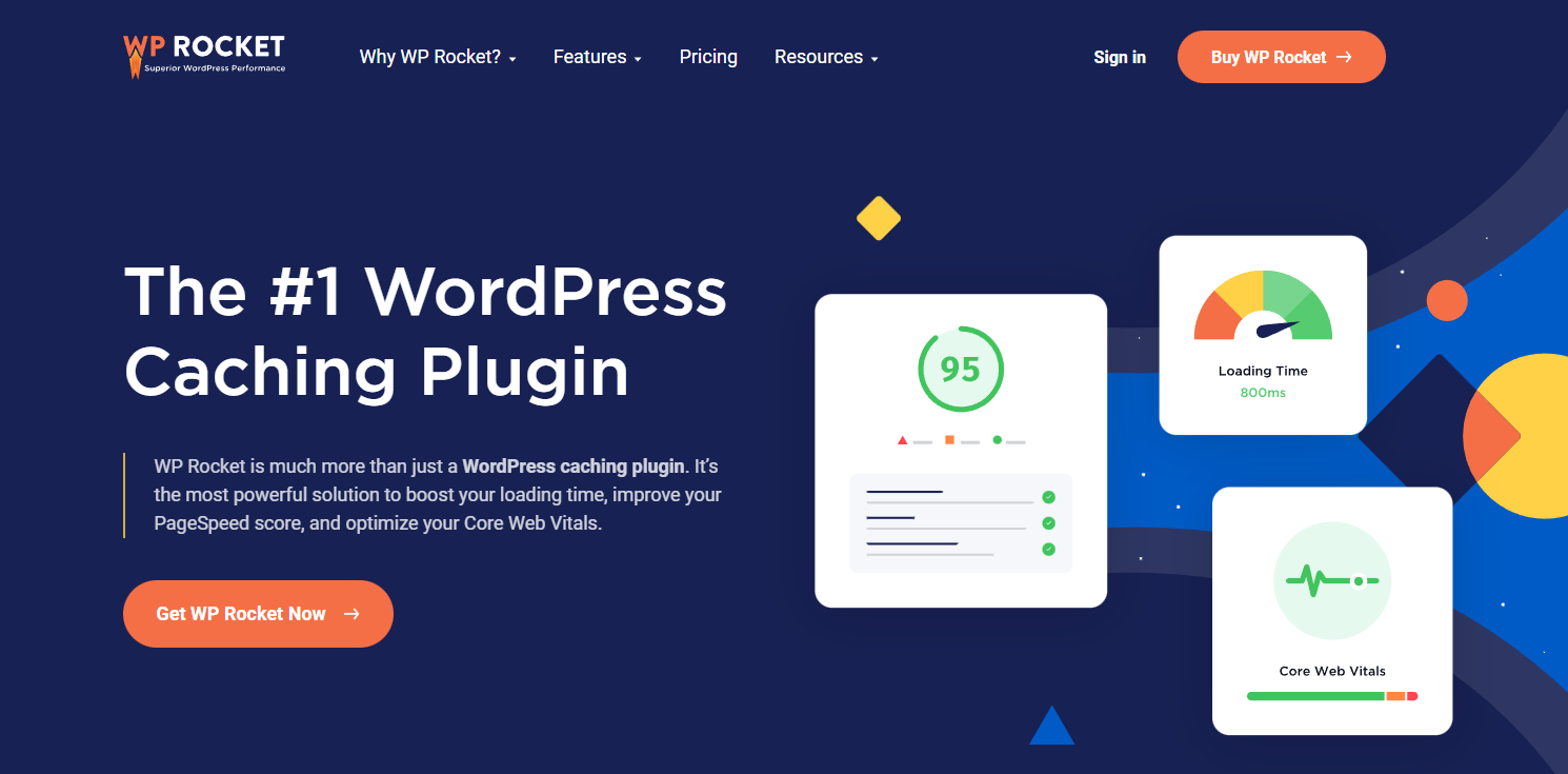 Screenshot of the WP Rocket WordPress plugin's website home page