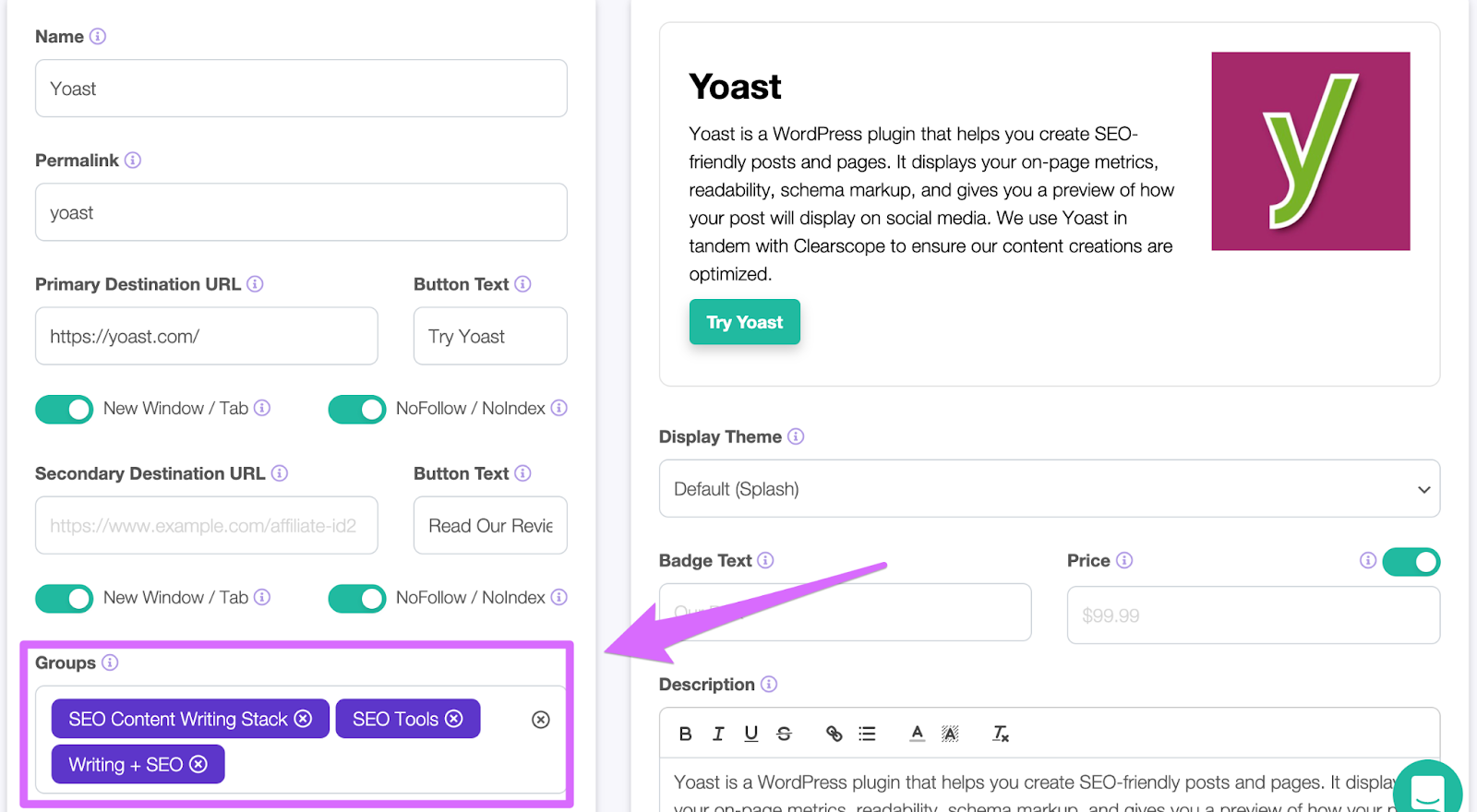 Yoast link details page belonging to multiple groups