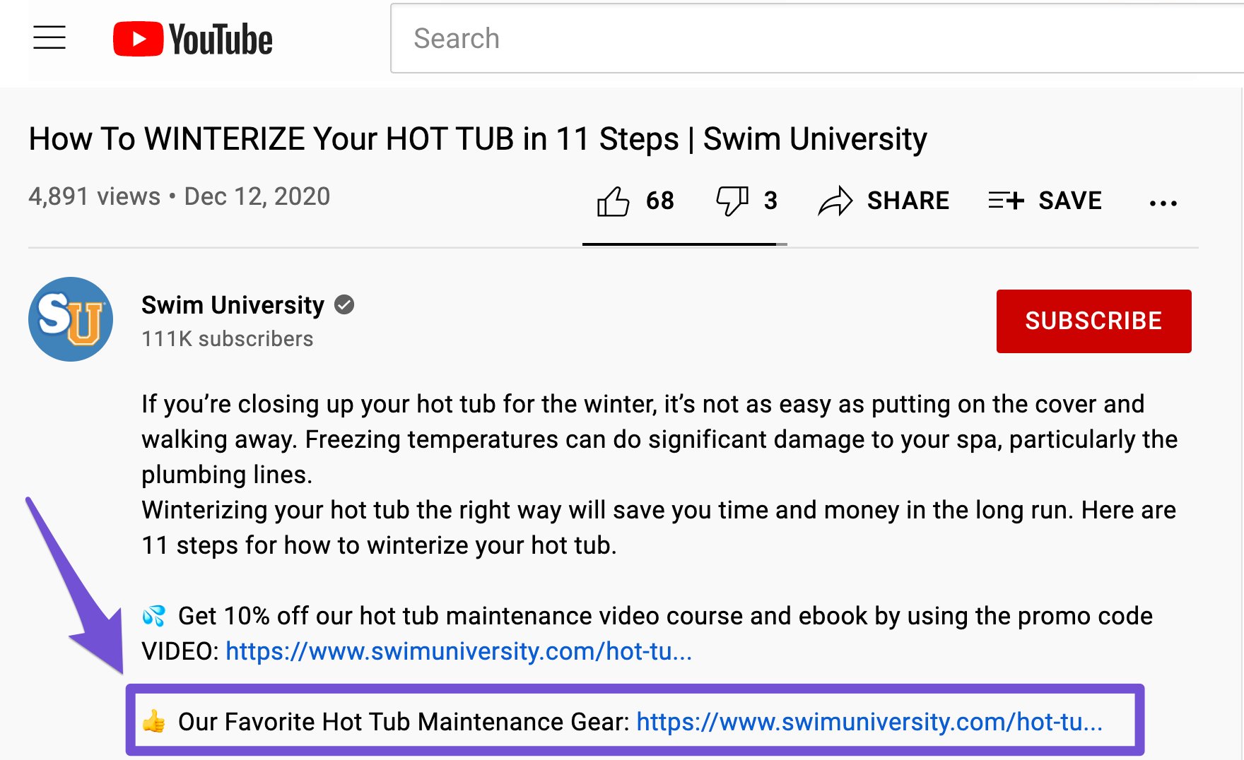 youtube swim u affiliate link placement in the comments